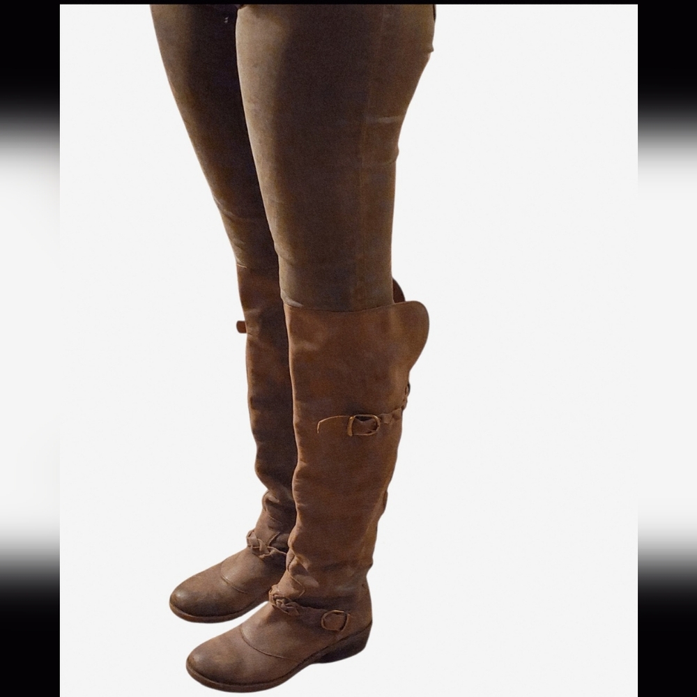 Lucky Brand Distressed Brown Leather Knee-High Boots